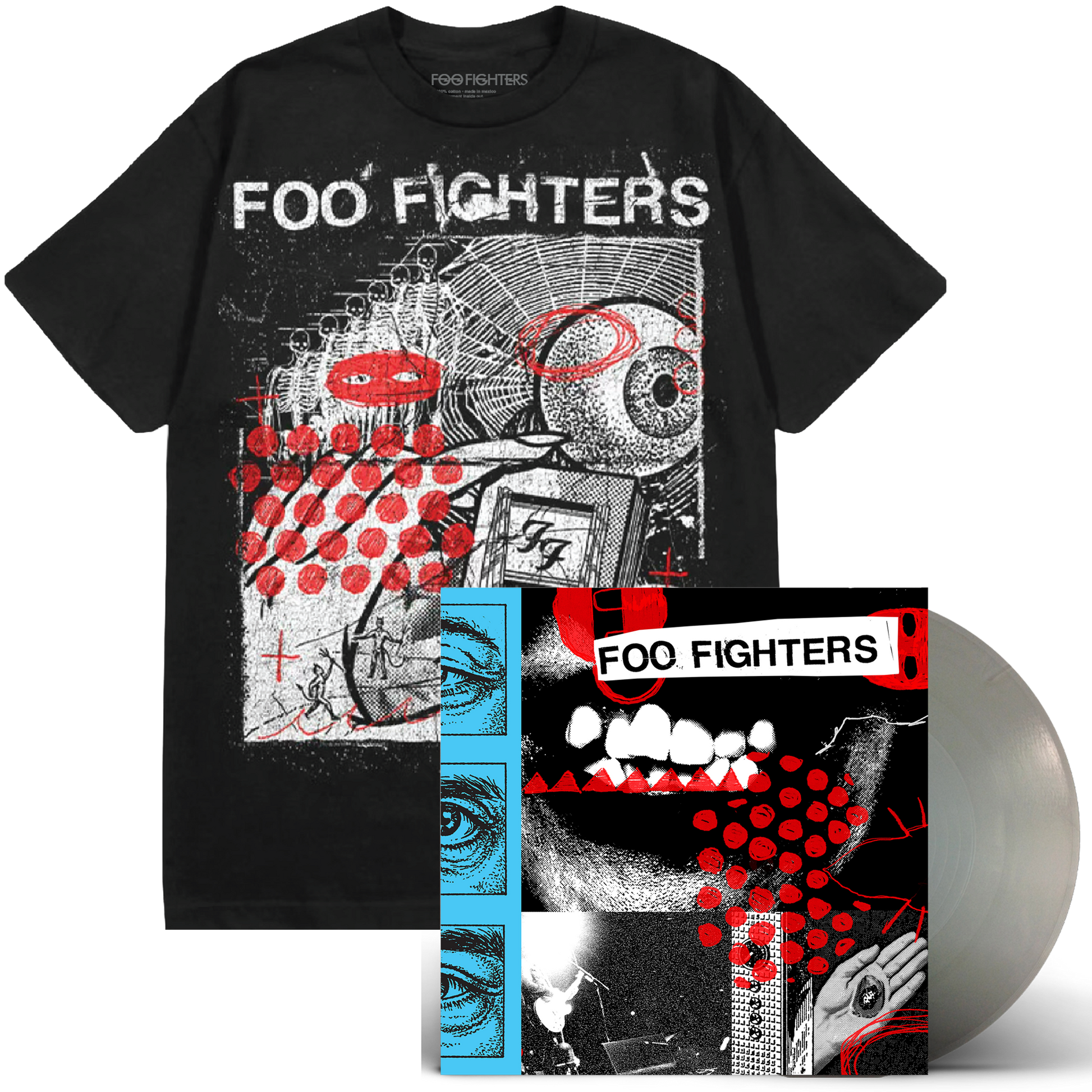 Black t-shirt with Foo Fighters graphic design and a vinyl record with the same design.